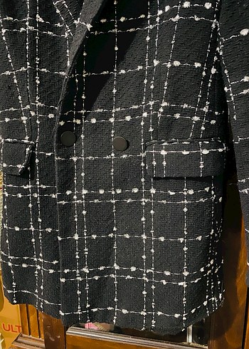 Düğmeli Siyah Ekose Kadın Midi ceket - Görsel 4