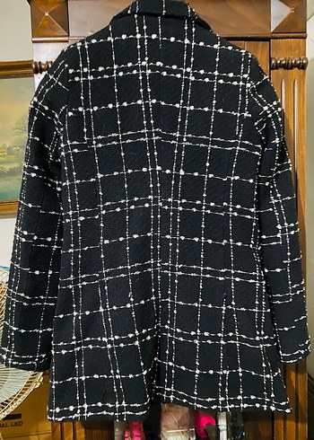 Düğmeli Siyah Ekose Kadın Midi ceket - Görsel 5