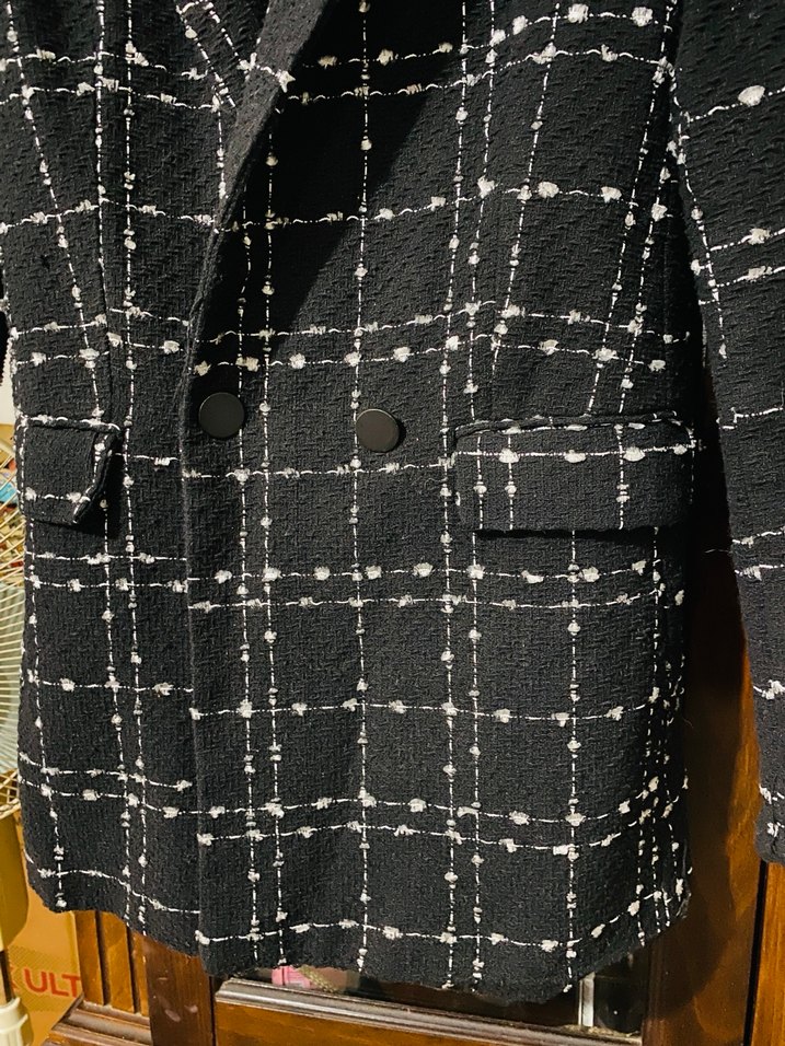 Düğmeli Siyah Ekose Kadın Midi ceket - Görsel 4