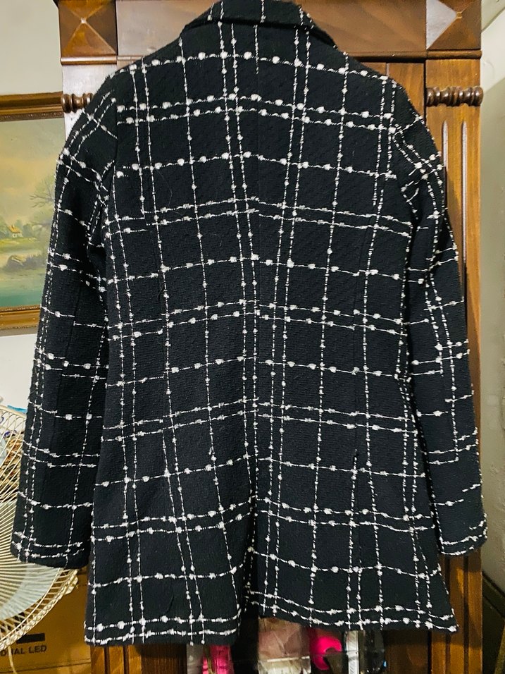 Düğmeli Siyah Ekose Kadın Midi ceket - Görsel 5