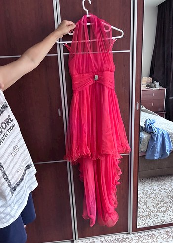 11-12 Yaş Beden Drapeli Pembe Midi Abiye Elbise Çocuk