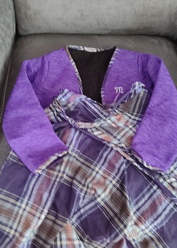Mor Bağcıklı Ekose Etek ve Düğmeli Bolero - Görsel 5