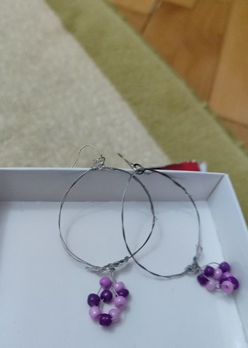 Tasarımcı Mor Boncuklu Çiçek Motifli Midi Küpeler