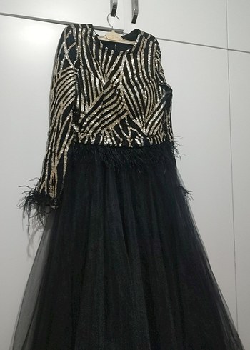 Siyah Zebra Desenli Kürk Detaylı Uzun Abiye Elbise - Görsel 2