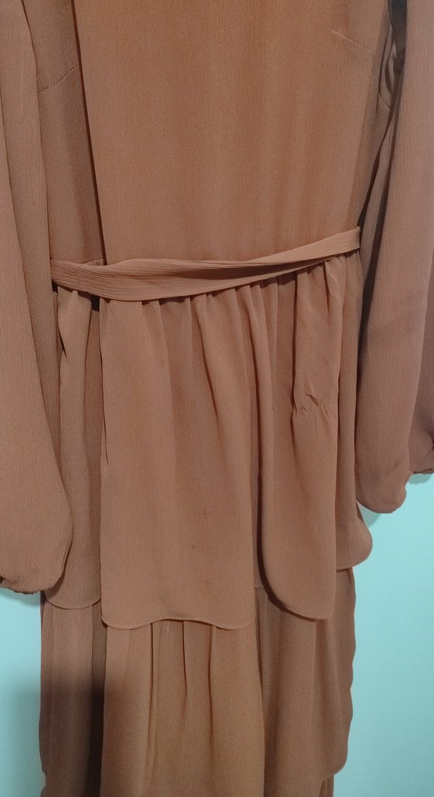 Uzun Kat Katlı Kadın Kiremit Elbise - Görsel 5