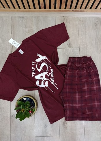 Erkek Bordo Kısa Kollu Şortlu Pijama Takımı - Görsel 3
