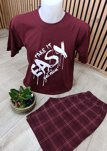 Erkek Bordo Kısa Kollu Şortlu Pijama Takımı - Görsel 2