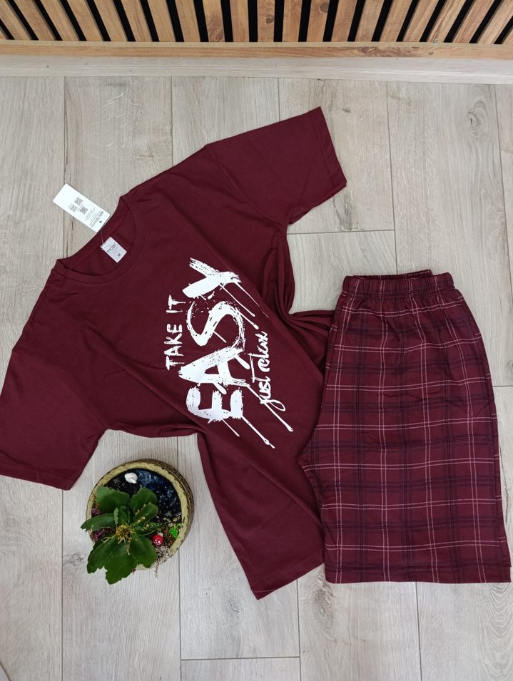 Erkek Bordo Kısa Kollu Şortlu Pijama Takımı - Görsel 3