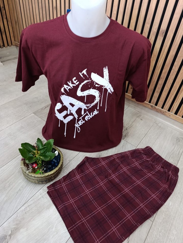 Erkek Bordo Kısa Kollu Şortlu Pijama Takımı - Görsel 2
