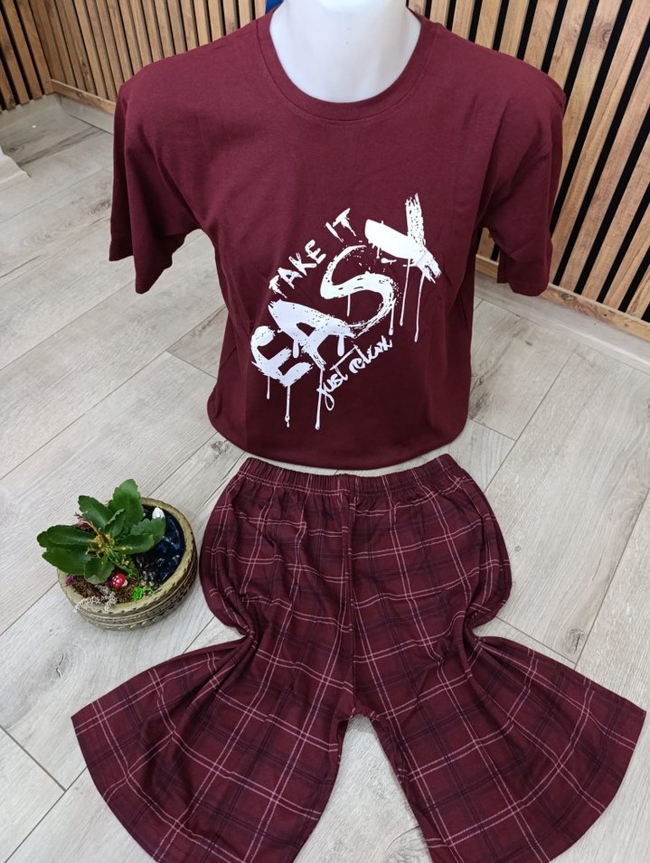 Bordo Erkek Kısa Kollu Pamuklu Pijama Takımı - Görsel 4