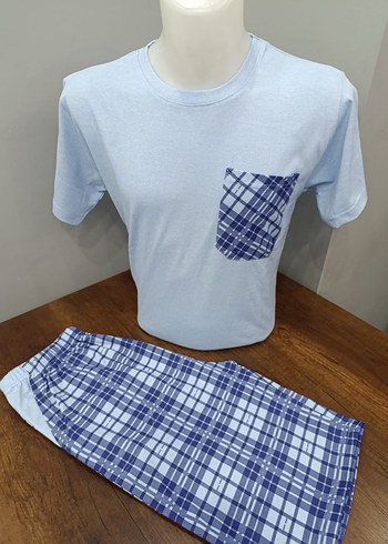 Erkek Kısa Kollu Mavi Şortlu Cepli Pijama Takımı - Görsel 3