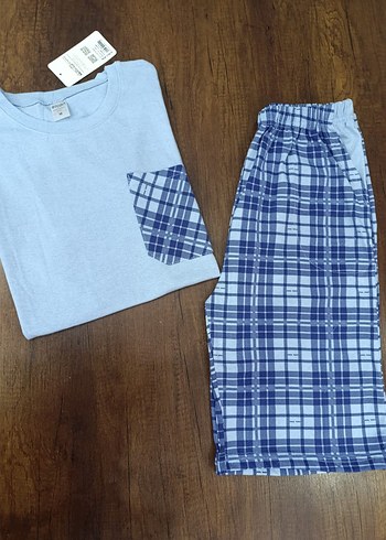 Erkek Kısa Kollu Mavi Şortlu Cepli Pijama Takımı - Görsel 5