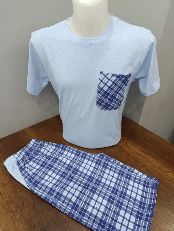 Erkek Kısa Kollu Mavi Şortlu Cepli Pijama Takımı - Görsel 3