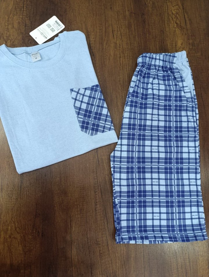 Erkek Kısa Kollu Mavi Şortlu Cepli Pijama Takımı - Görsel 5