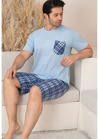 Erkek Kısa Kollu Mavi Şortlu Pijama Takımı