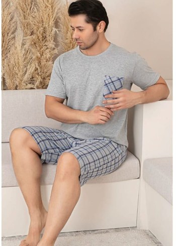 Cepli Erkek Gri Kısa Kollu Ekose Pijama Takımı