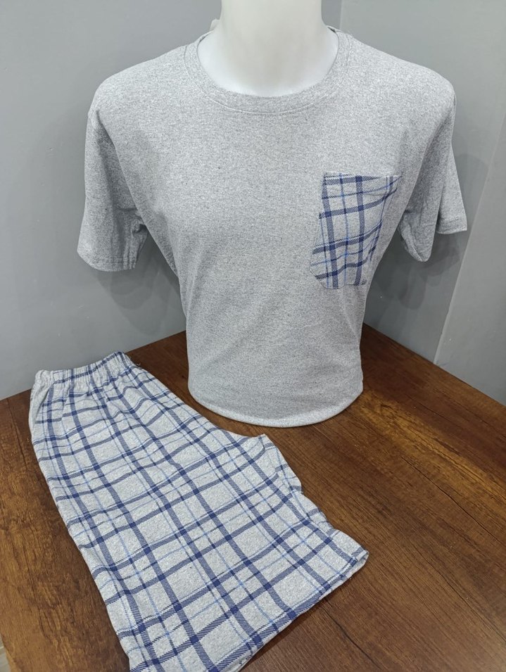 Cepli Erkek Gri Kısa Kollu Ekose Pijama Takımı - Görsel 5