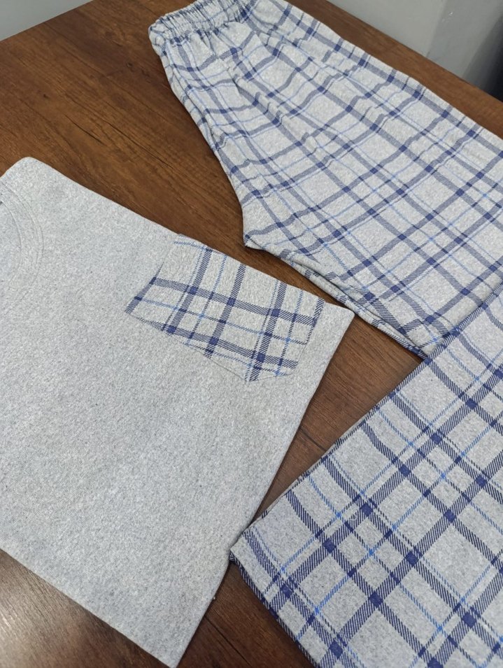 Gri Kısa Kollu Kareli Erkek Pijama Takımı - Görsel 5