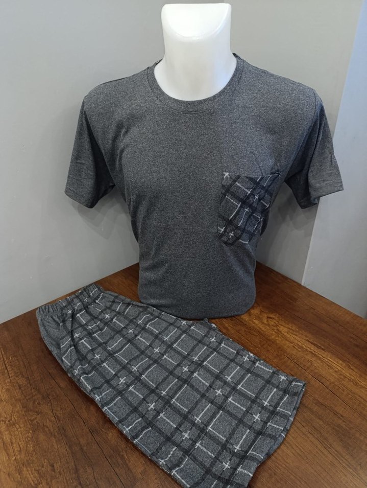 Cepli Erkek Gri Kareli Kısa Kollu Pijama Takımı - Görsel 3