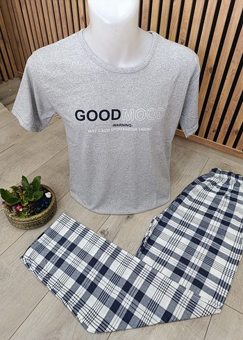 l Beden Erkek Gri Kareli Kısa Kollu Pijama Takımı