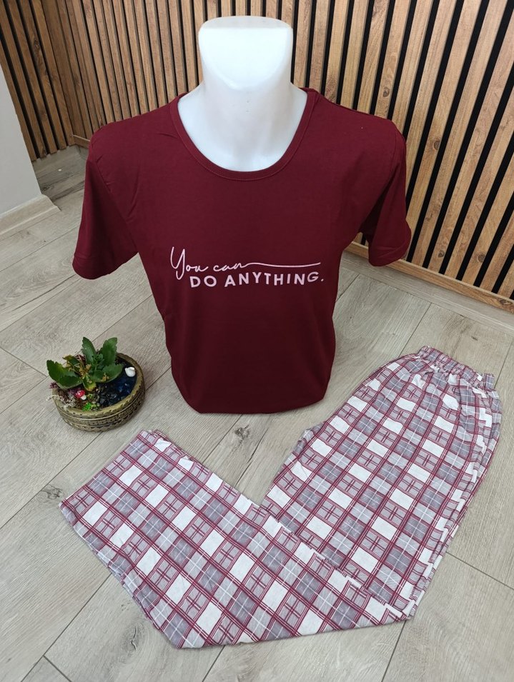 Erkek Bordo Gri Kısa Kollu Pijama Takımı - Görsel 2