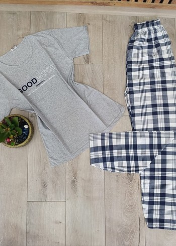 m Beden gri Renk Gri Kareli Erkek Kısa Kollu Pijama Takımı