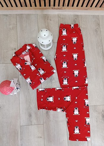 xxl Beden Kırmızı Penguen Desenli Kadın Pijama Takımı