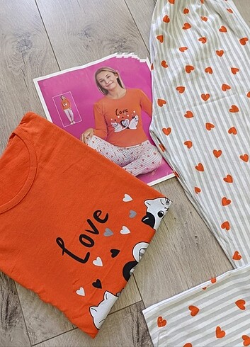 l Beden turuncu Renk Bayan Uzun Kollu Pijama Takımı