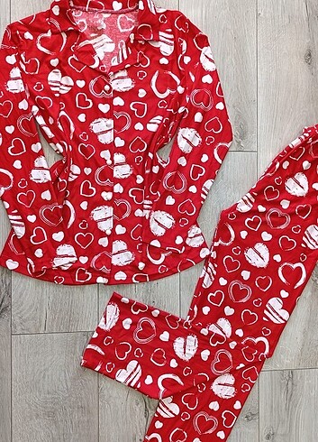 xxl Beden kırmızı Renk UZun Kol Önden Düğmeli Pijama Takımı