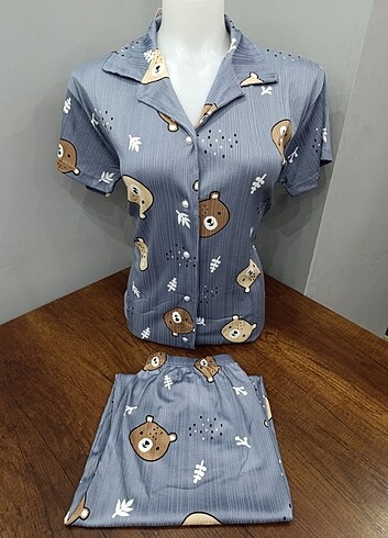 m Beden gri Renk Bayan Kısa Kol Önden Düğmeli PiJaMa TaKıMı
