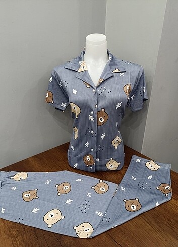 xxl Beden gri Renk Bayan Kısa Kol Önden Düğmeli PiJaMa TaKıMı