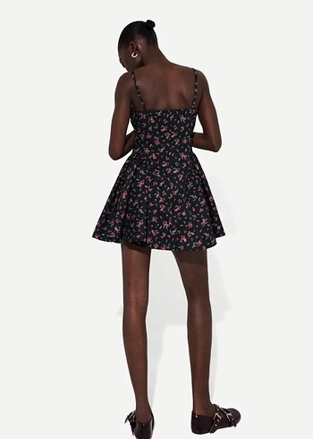 Siyah Çiçek Desenli Mini Elbise - Görsel 3