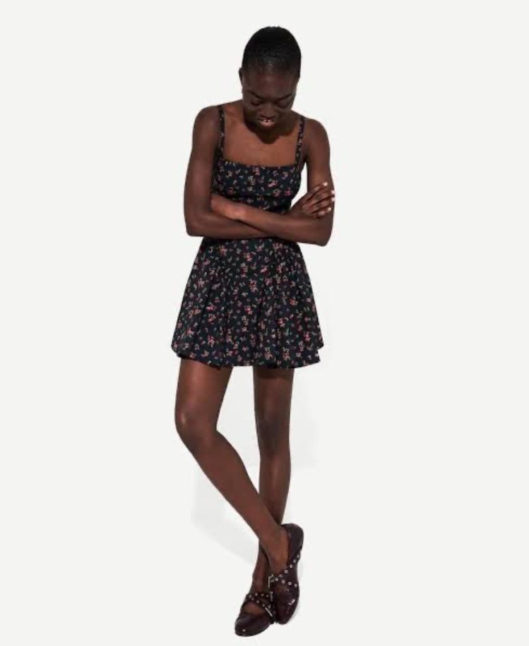 Siyah Çiçek Desenli Mini Elbise - Görsel 2