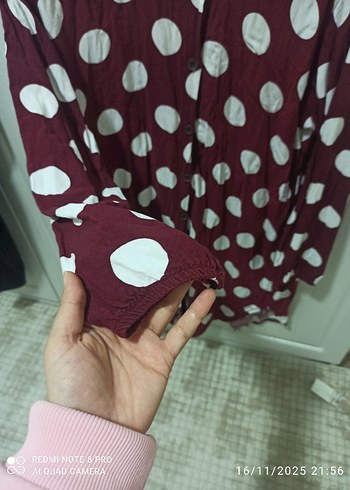 Bordo Puantiyeli Kadın Uzun Kollu Gömlek - Görsel 3