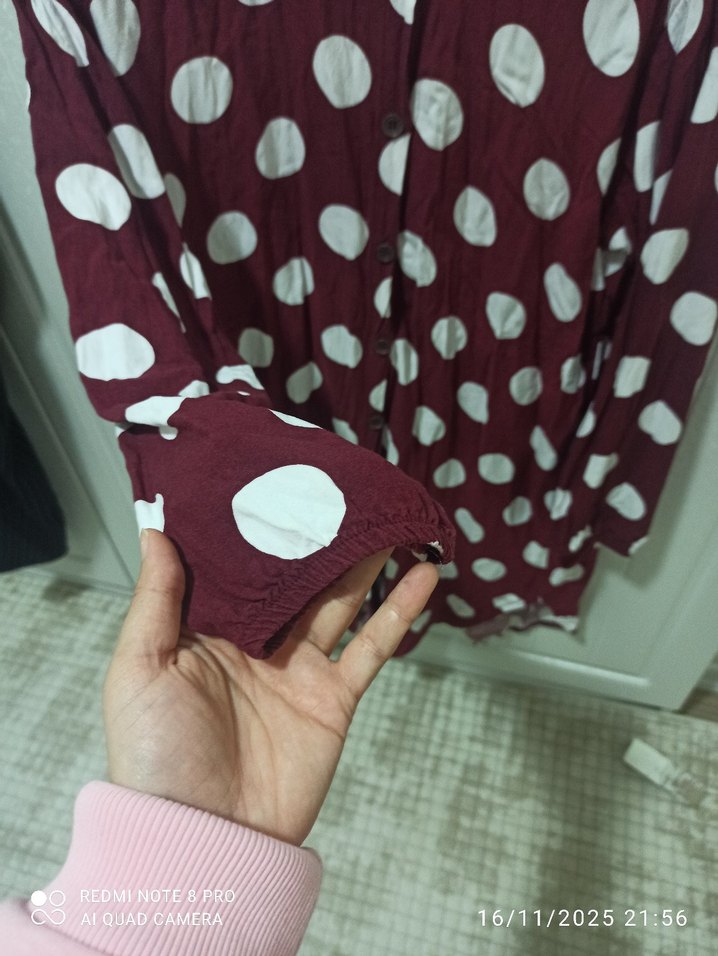 Bordo Puantiyeli Kadın Uzun Kollu Gömlek - Görsel 3