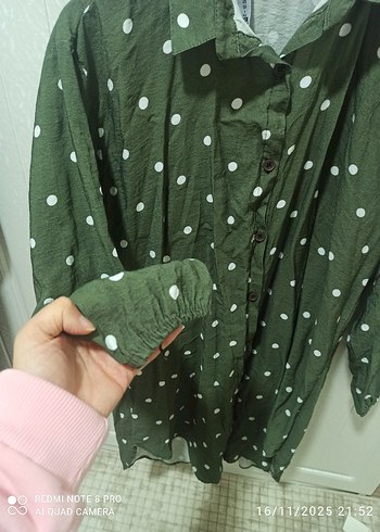 Uzun Kollu Puantiyeli Keten Kadın Gömlek - Görsel 3