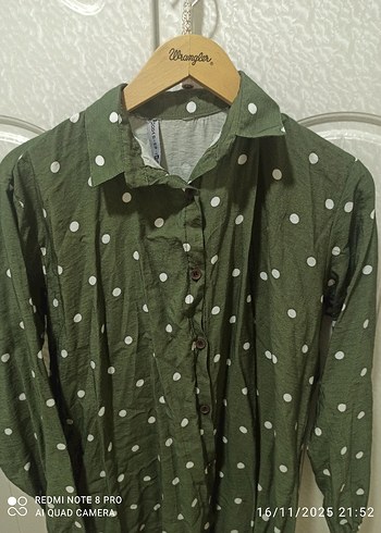 Uzun Kollu Puantiyeli Keten Kadın Gömlek - Görsel 2