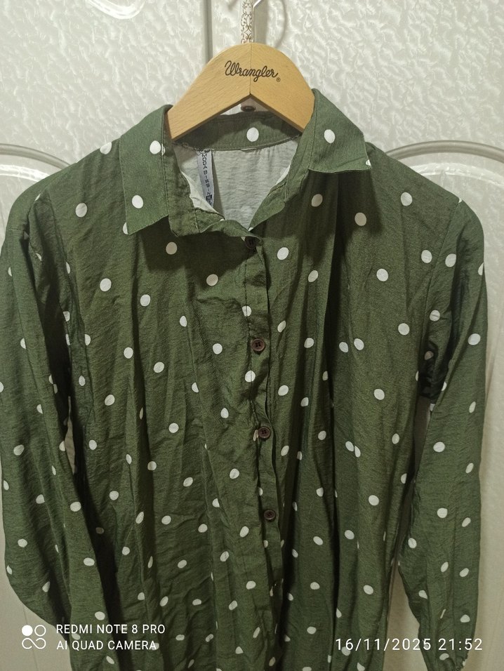 Uzun Kollu Puantiyeli Keten Kadın Gömlek - Görsel 2