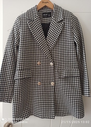 Düğmeli Siyah Beyaz Kareli Midi Blazer - Görsel 2