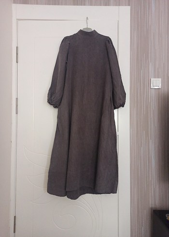 Gri Uzun Keten Bohem Elbise - Görsel 2