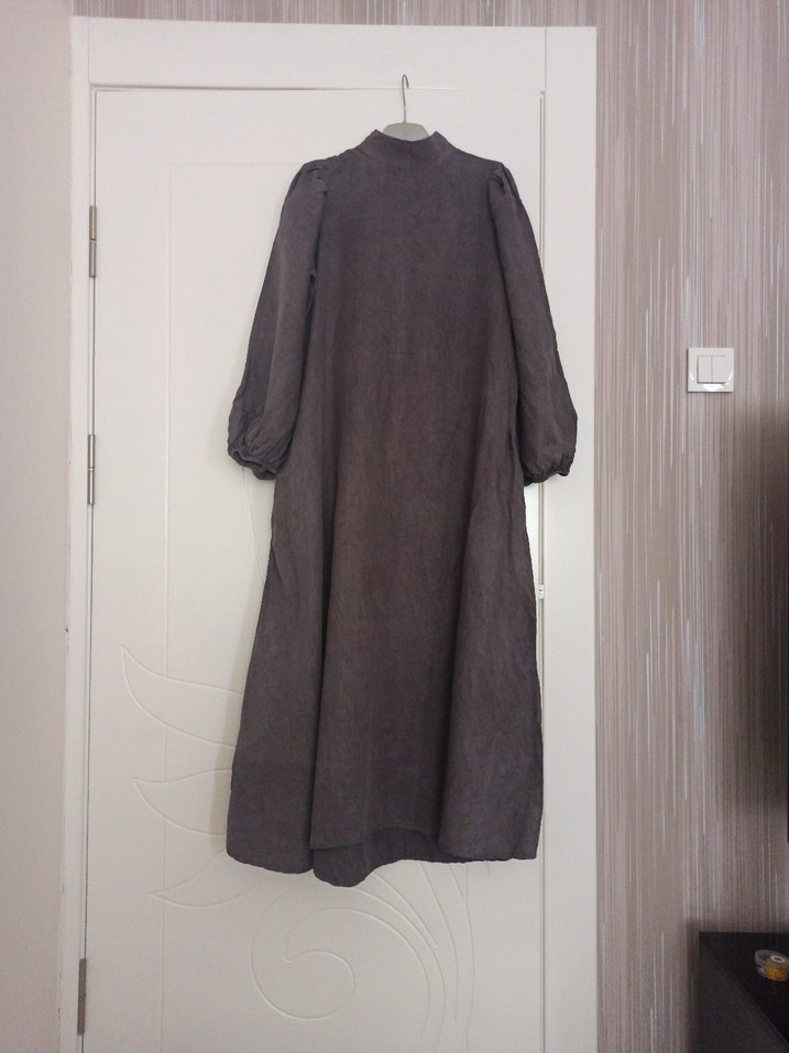 Gri Uzun Keten Bohem Elbise - Görsel 2