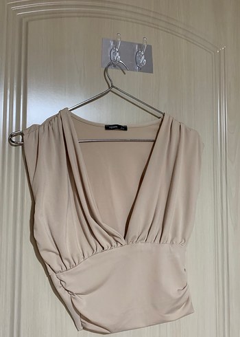 Bej Keten V Yakalı Drapeli Mini Bluz - Görsel 2