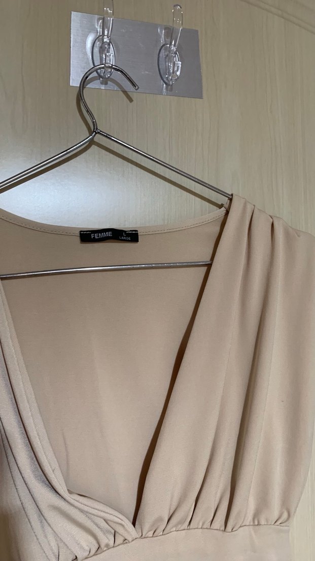 Bej Keten V Yakalı Drapeli Mini Bluz - Görsel 3