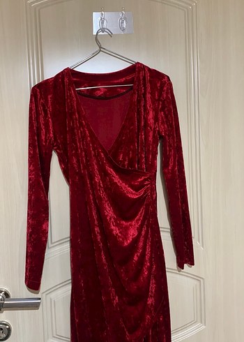 Bordo Drapeli Uzun Kollu Midi Elbise - Görsel 2