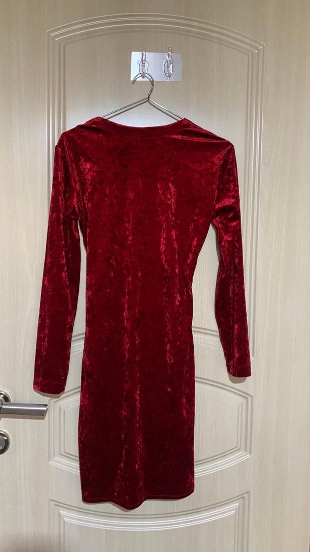 Bordo Drapeli Uzun Kollu Midi Elbise - Görsel 4