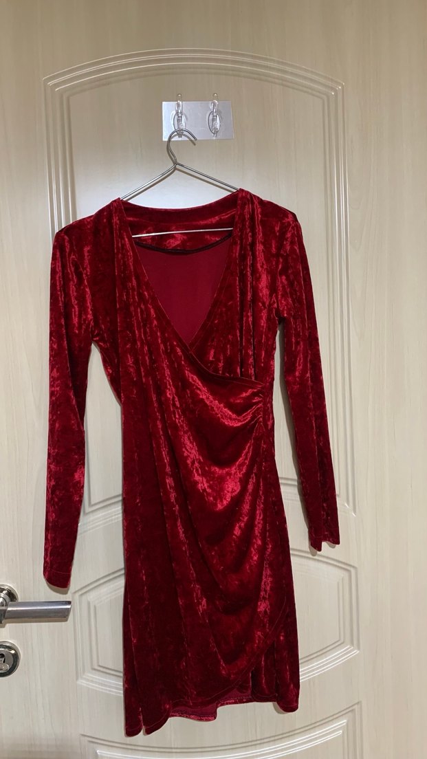 Bordo Drapeli Uzun Kollu Midi Elbise - Görsel 2