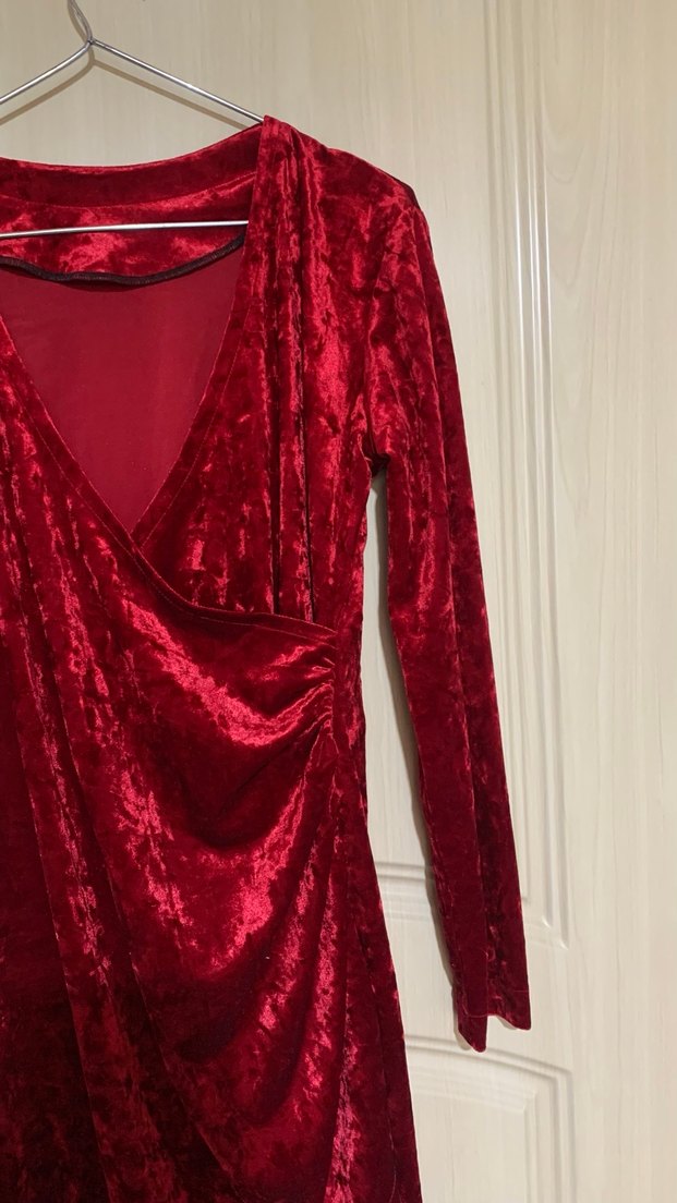 Bordo Drapeli Uzun Kollu Midi Elbise - Görsel 3