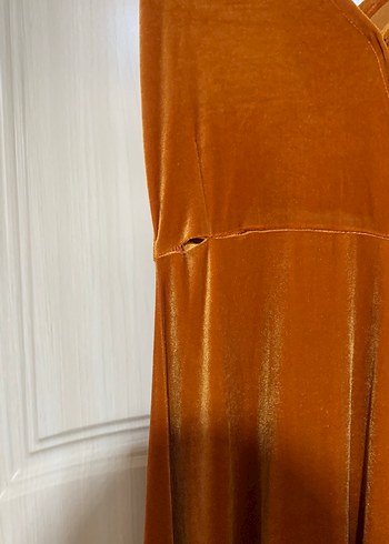 Bej Kadın Uzun Süet V Yaka Elbise - Görsel 2