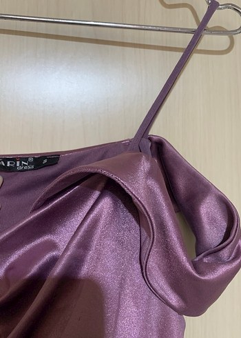 Mor Uzun Drapeli Straplez Abiye Elbise - Görsel 5