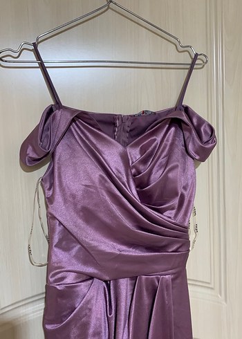 Mor Uzun Drapeli Straplez Abiye Elbise - Görsel 3